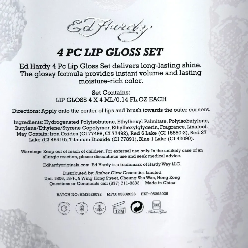 ED Hardy 4 Pc Long Lasting Shine Lip Gloss Set 0.14 FL Oz Each Lip Gloss NWT
